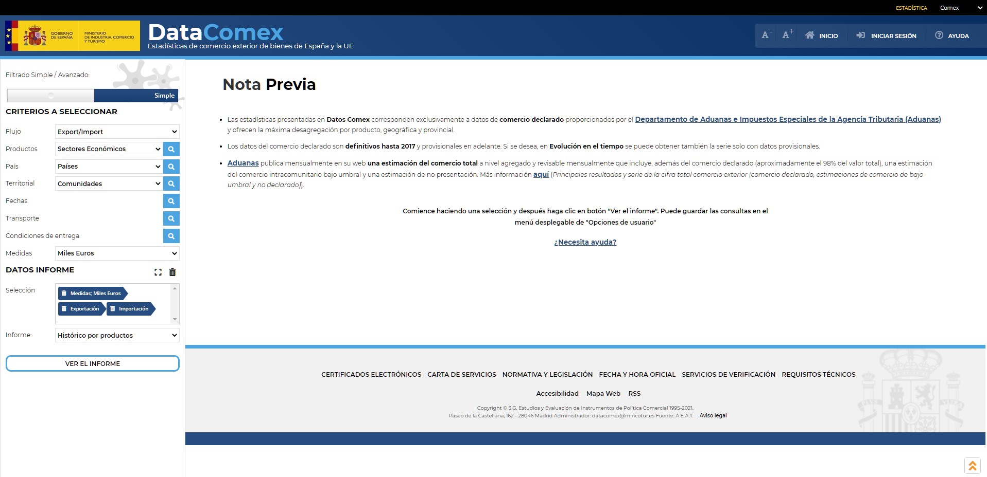 Pantalla principal de Datacomex
